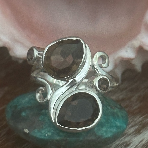 Genuine smoky quartz double stone 925 sterling silver ring - Picture 8 of 9